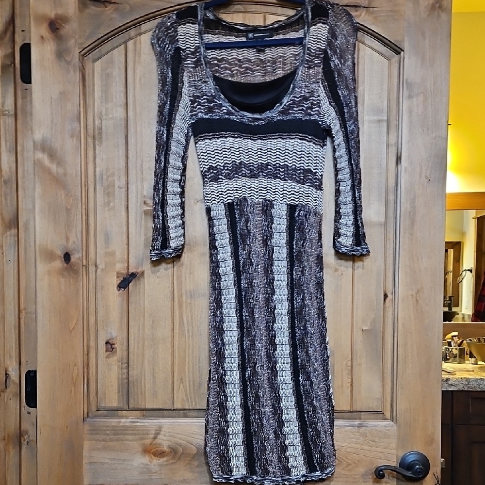 INC International Concepts Black and Cream Long Sleeve Dress